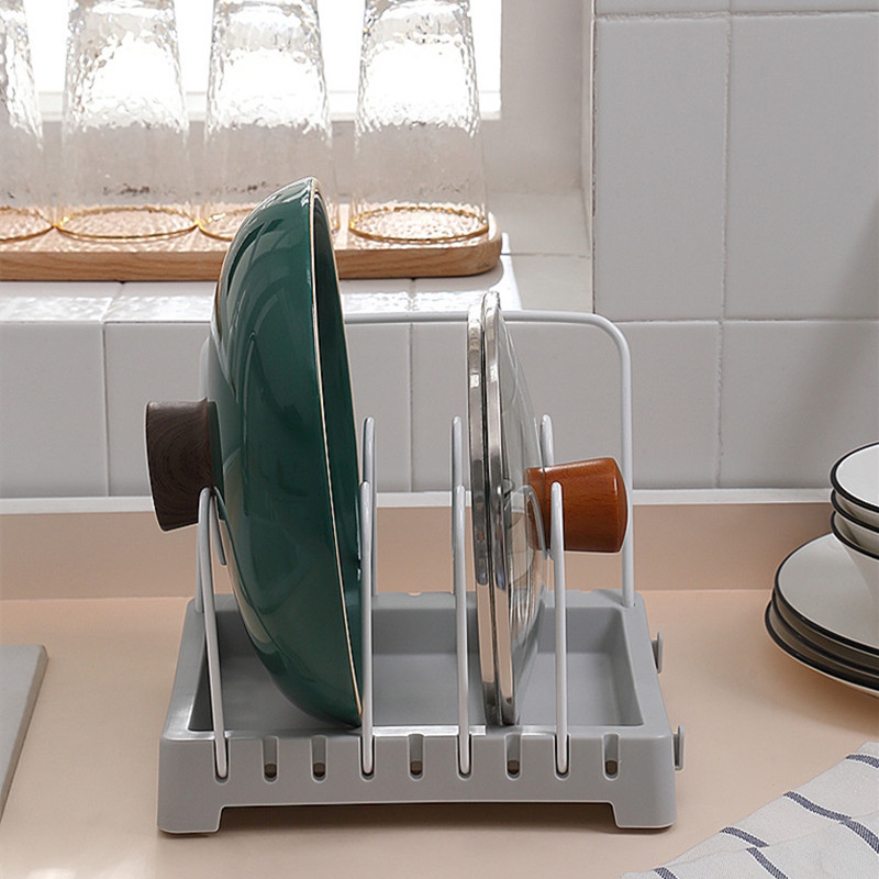 Pot Cover Rack Desktop Kitchen Countertop with Water Collection Tray Household Lid Holder Storage Rack Spatula and Soup Spoon Storage Rack