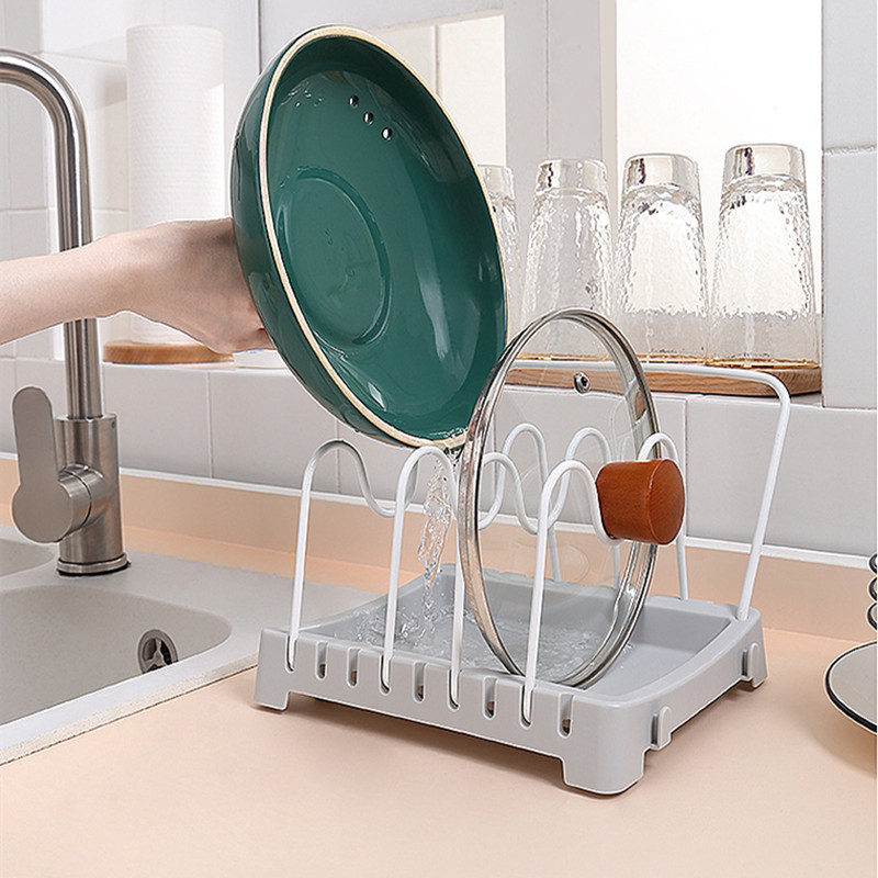 Pot Cover Rack Desktop Kitchen Countertop with Water Collection Tray Household Lid Holder Storage Rack Spatula and Soup Spoon Storage Rack
