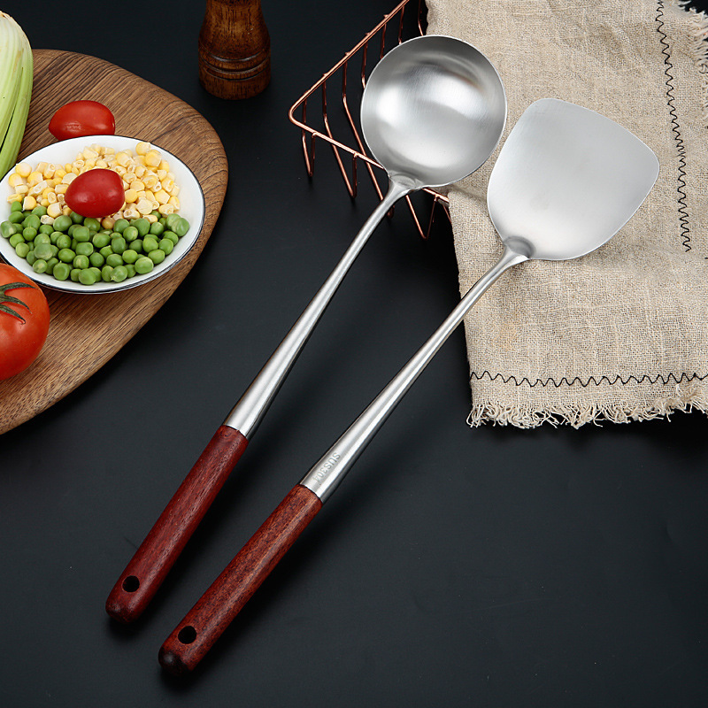 304 Stainless Steel Wooden Handle Sanding Soup Spoon and Spatula Kitchen Long Handle Thickened Spatula Household Sheng Soup Spoon