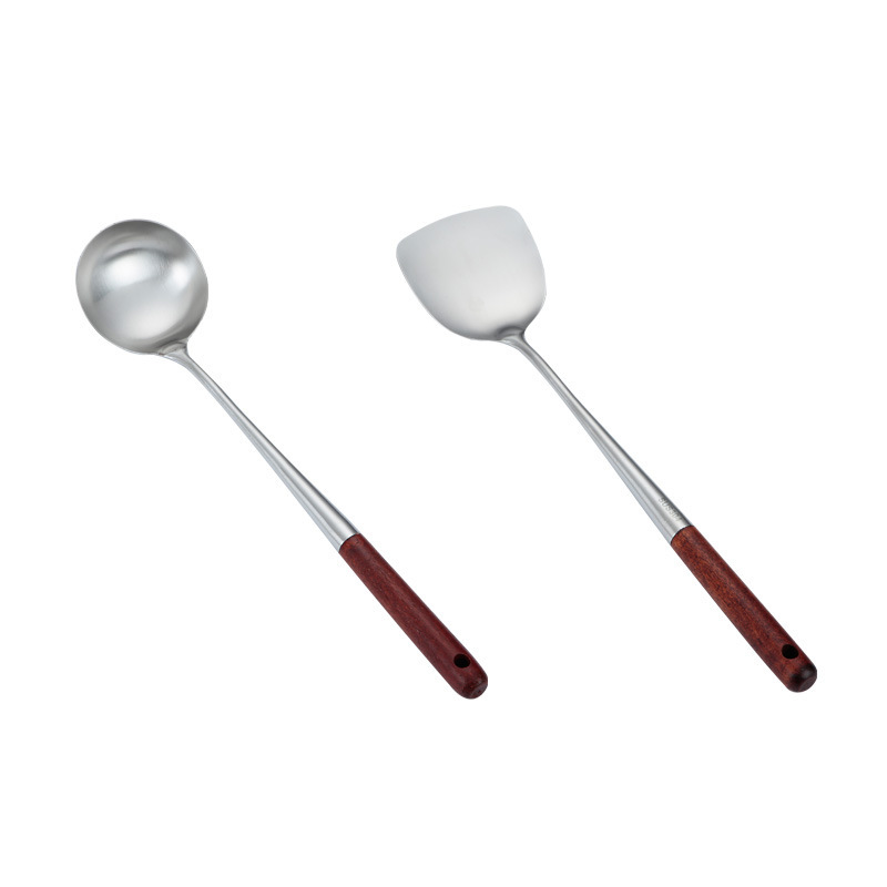 304 Stainless Steel Wooden Handle Sanding Soup Spoon and Spatula Kitchen Long Handle Thickened Spatula Household Sheng Soup Spoon