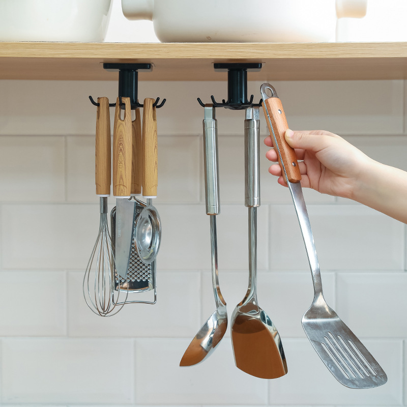 Punch-Free Kitchen Wall Mounted Storage Rack Storage Rack Rotating Hook Spatula Spoon Kitchenware Supplies Wall-Mounted Artifact