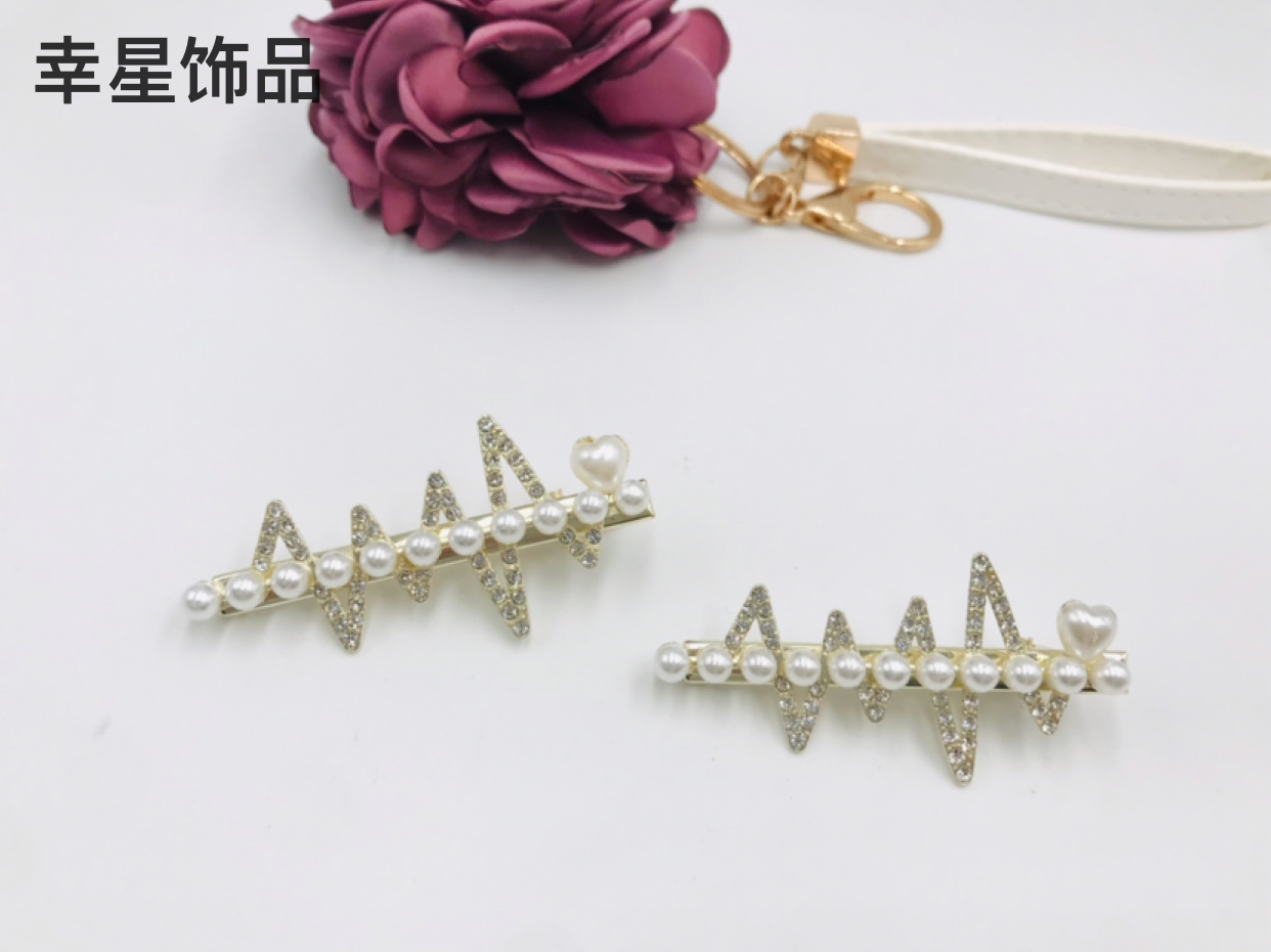 2021 Fashion New ECG Wave Rhinestone Pearl a Little Retro Women&#039;s Gold Side Clip Love Mouth Korean Style Diamond Hair Clip