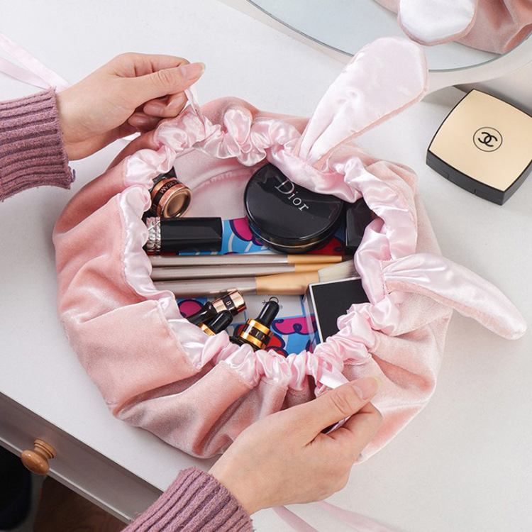 Korean Style Lazy Cosmetic Bag Hand Carrying Rabbit Ears Velvet Cosmetics Storage Bag Travel Portable Drawstring Wash Bag