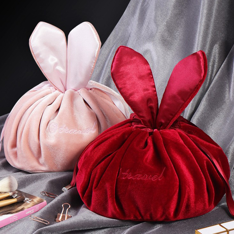 Korean Style Lazy Cosmetic Bag Hand Carrying Rabbit Ears Velvet Cosmetics Storage Bag Travel Portable Drawstring Wash Bag