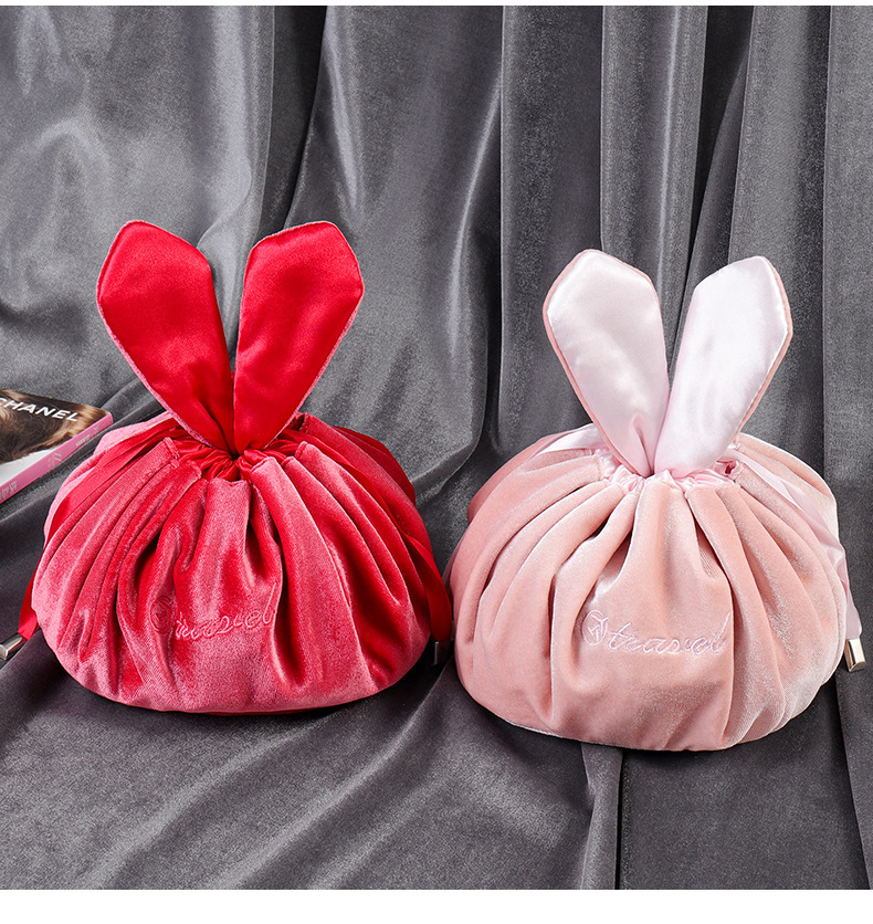 Korean Style Lazy Cosmetic Bag Hand Carrying Rabbit Ears Velvet Cosmetics Storage Bag Travel Portable Drawstring Wash Bag