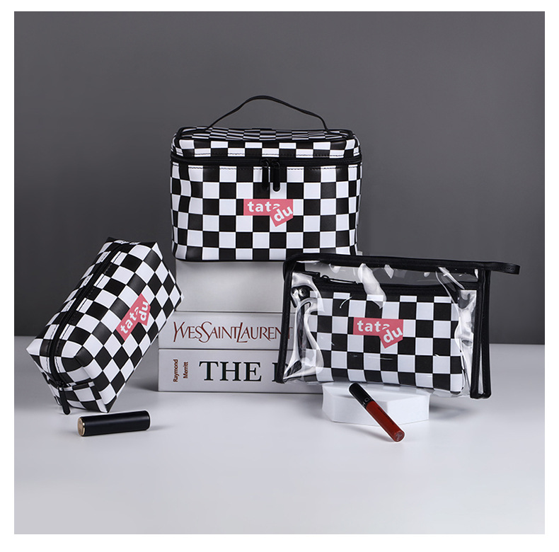 New Cosmetic Bag Black and White Chessboard Grid Wash Bag Korean Style Cosmetic Case Large Capacity Travel Cosmetics Storage Bag