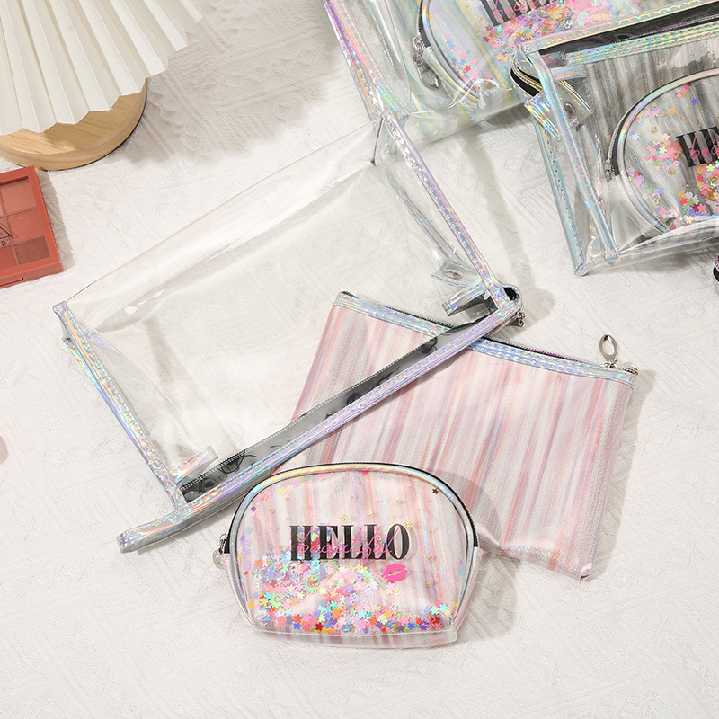 PVC Cosmetic Bag Set Personal Hygiene Bag Storage Bag Transparent Colorful Three-Piece Large Capacity Travel Portable Cosmetic Bag