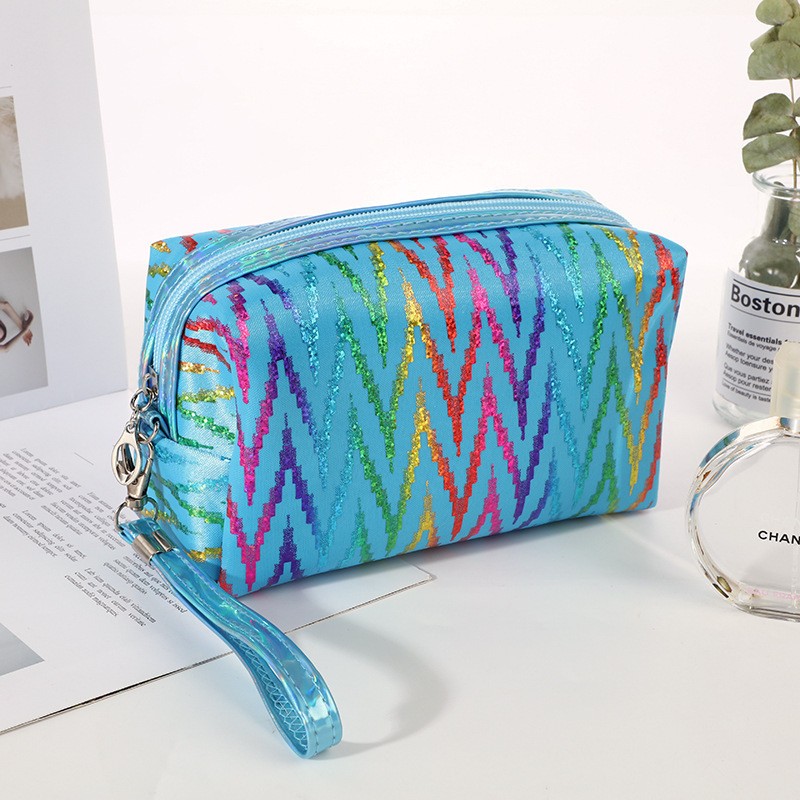 Factory Direct Sales New Japanese and Korean Colorful Gilding Octagonal Cosmetic Bag Large Capacity Travel Portable Striped Storage Bag