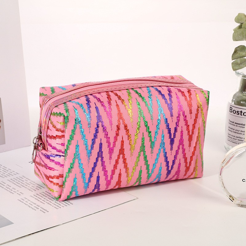 Factory Direct Sales New Japanese and Korean Colorful Gilding Octagonal Cosmetic Bag Large Capacity Travel Portable Striped Storage Bag