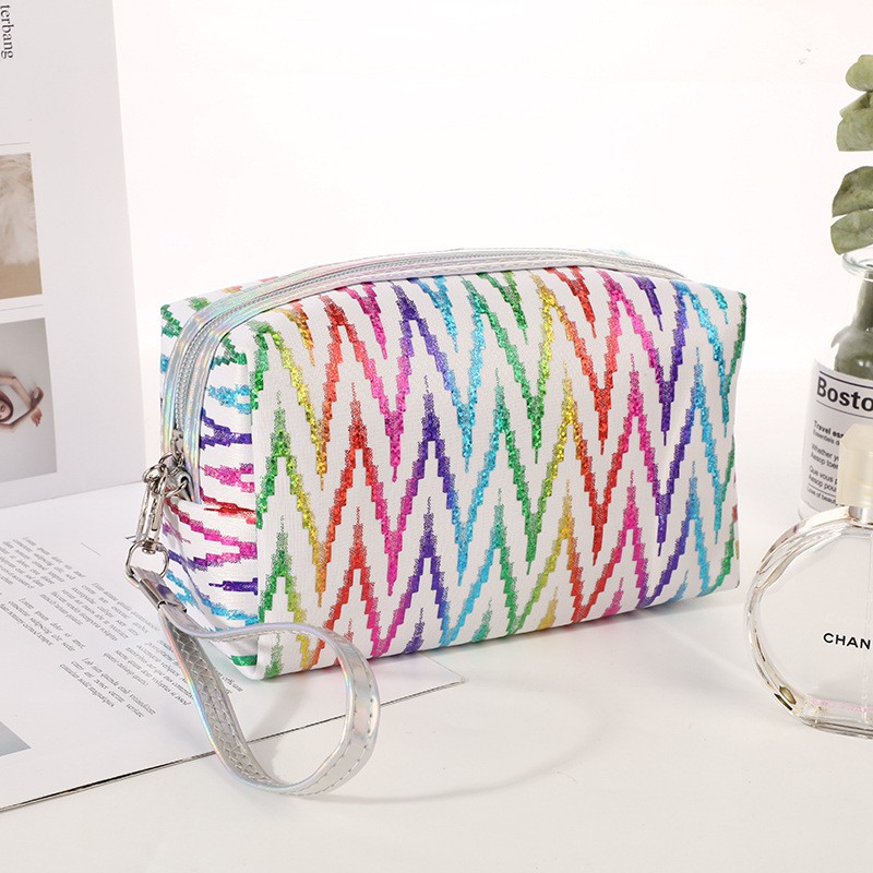 Factory Direct Sales New Japanese and Korean Colorful Gilding Octagonal Cosmetic Bag Large Capacity Travel Portable Striped Storage Bag