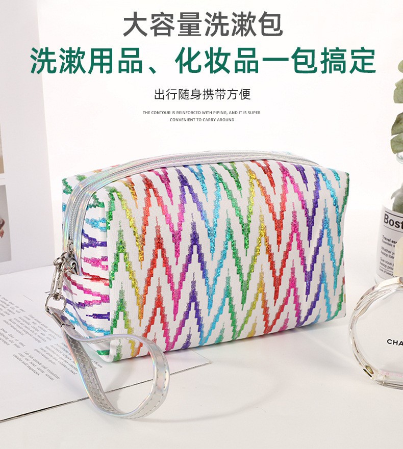 Factory Direct Sales New Japanese and Korean Colorful Gilding Octagonal Cosmetic Bag Large Capacity Travel Portable Striped Storage Bag Factory Direct Sales New Japanese and Korean Colorful Gilding Octagonal Cosmetic Bag Large Capacity Travel Portable Striped Storage Bag