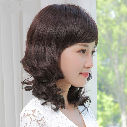 Wig Female Long Curly Hair Big Wave Cute Fluffy Full-Head Wig Style Middle-Aged and Elderly Real Human Hair Silk Screen Red Realistic Hair Cover