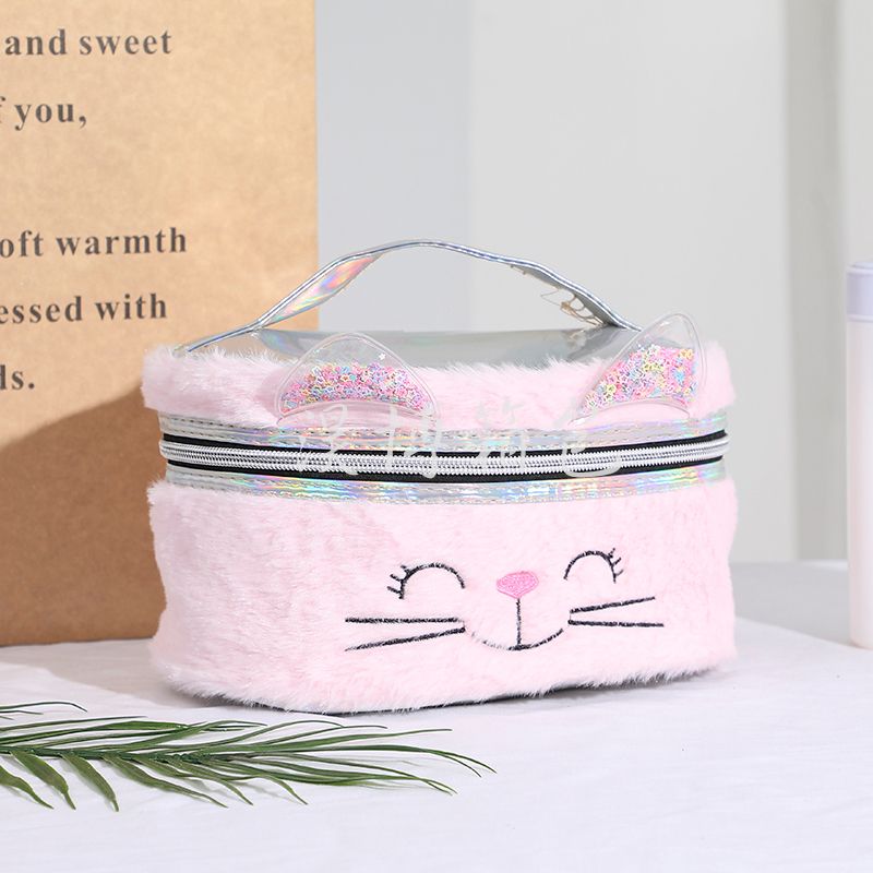 New Cat Plush Embroidery Cosmetic Bag Large Capacity Wash Bag Portable Cosmetic Finishing Storage Bag