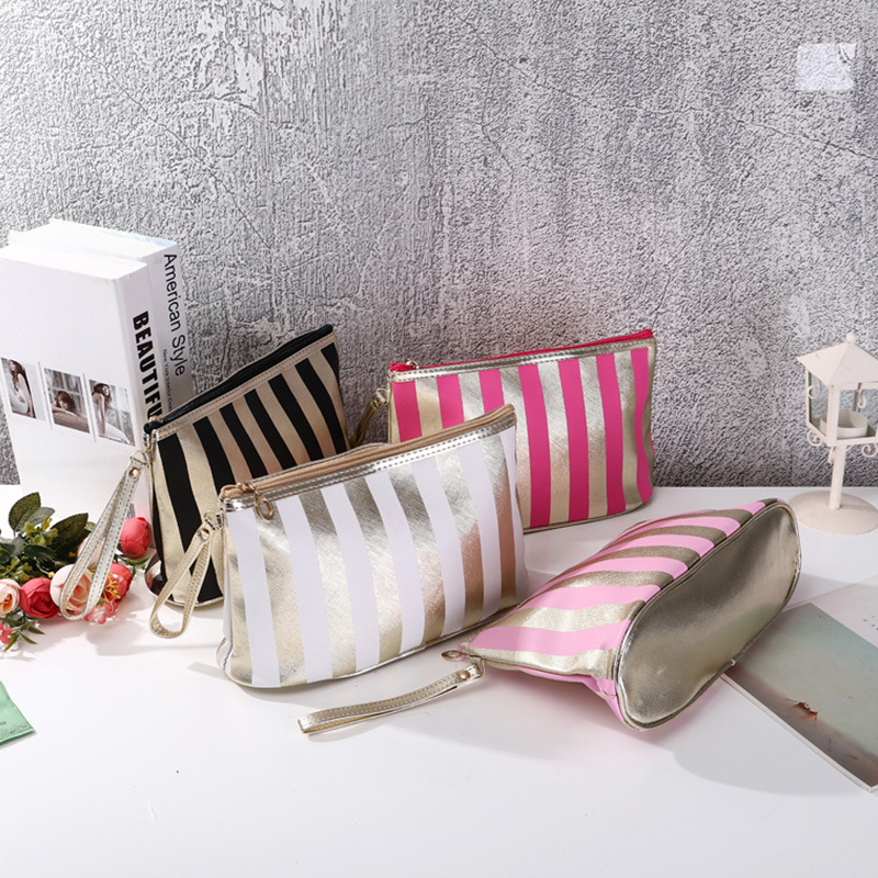 New Golden Edge Striped Hand-Carrying Cosmetic Bag Portable Household Makeup Storage Bag Handbag Small Factory Direct Supply