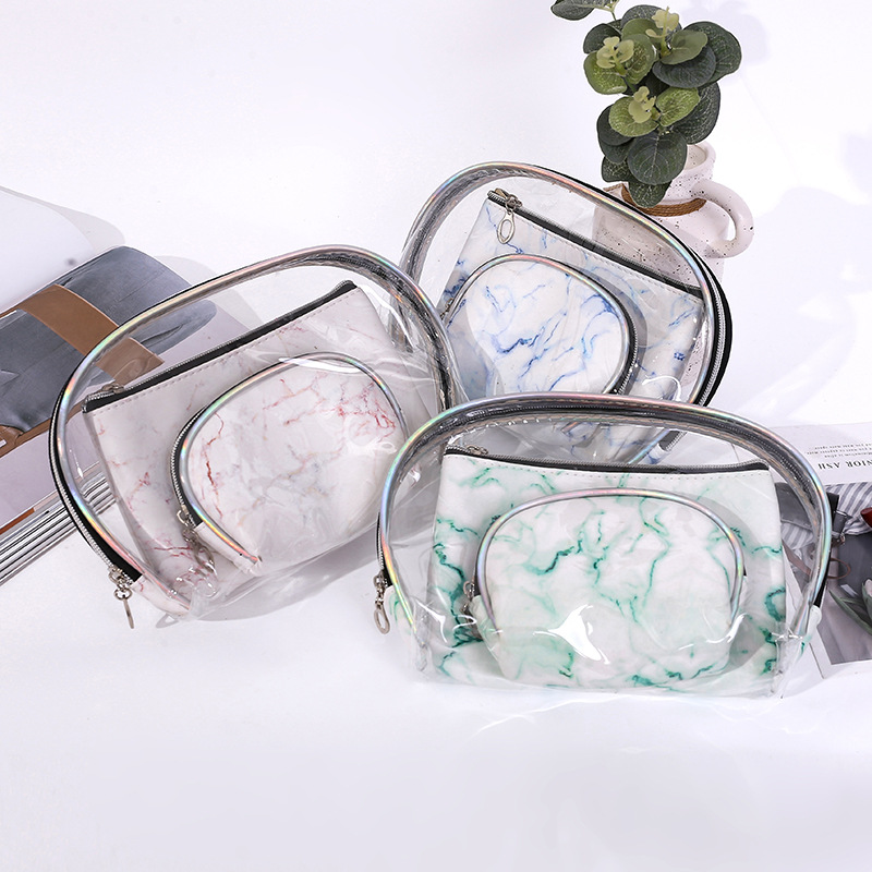 Hot Sale Marble Texture Three-Piece Storage Bag Mother and Child Bag Fashion Transparent Multi-Functional Bag Cosmetic Bag Wholesale
