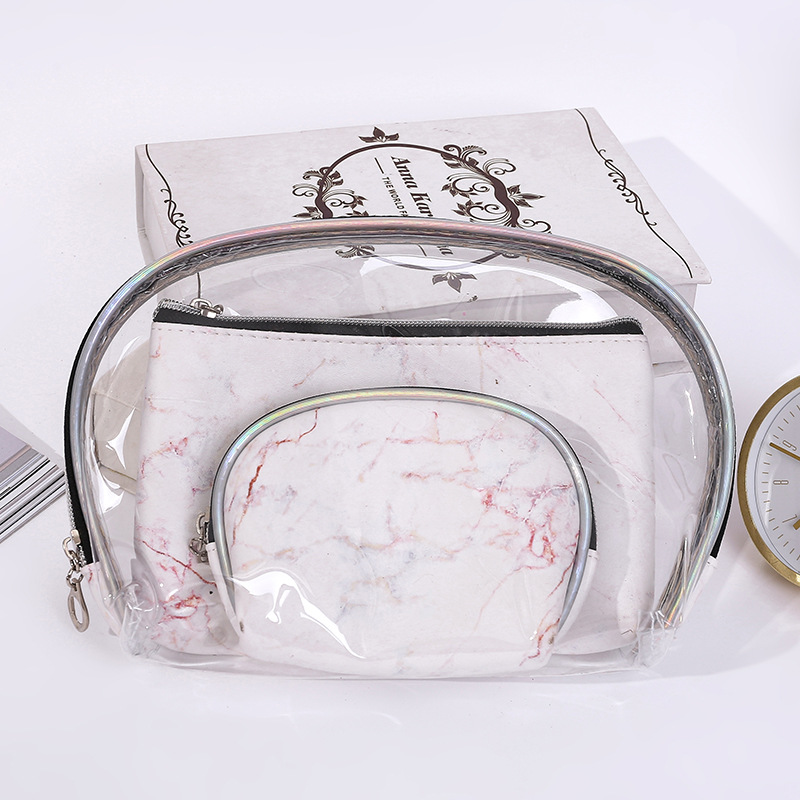 Hot Sale Marble Texture Three-Piece Storage Bag Mother and Child Bag Fashion Transparent Multi-Functional Bag Cosmetic Bag Wholesale