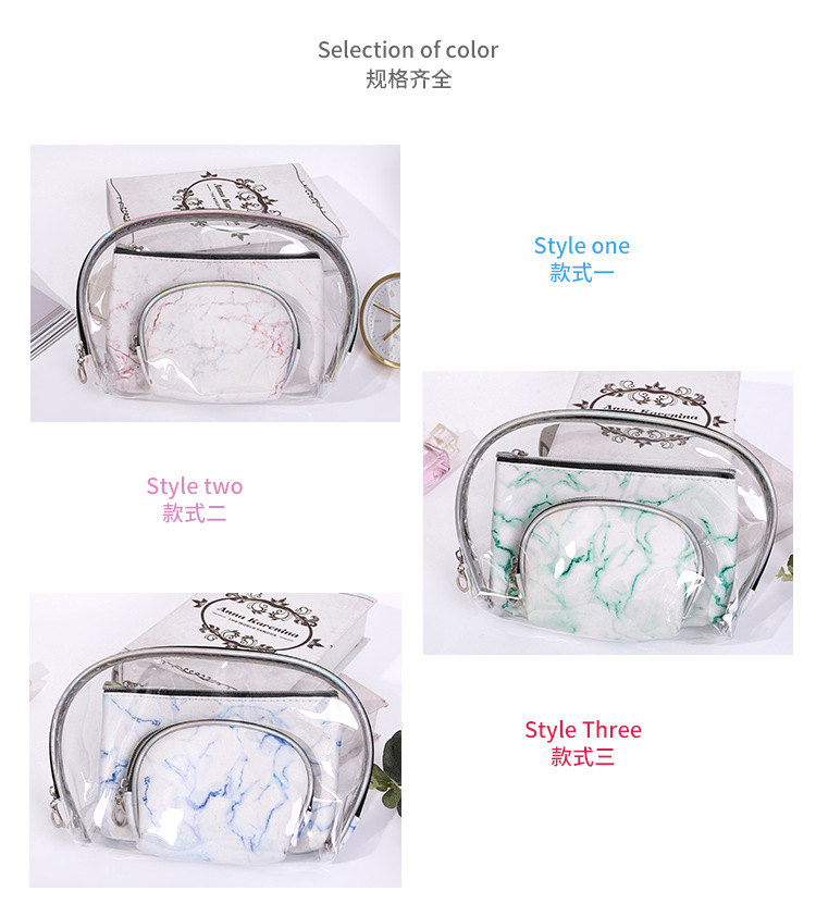 Hot Sale Marble Texture Three-Piece Storage Bag Mother and Child Bag Fashion Transparent Multi-Functional Bag Cosmetic Bag Wholesale