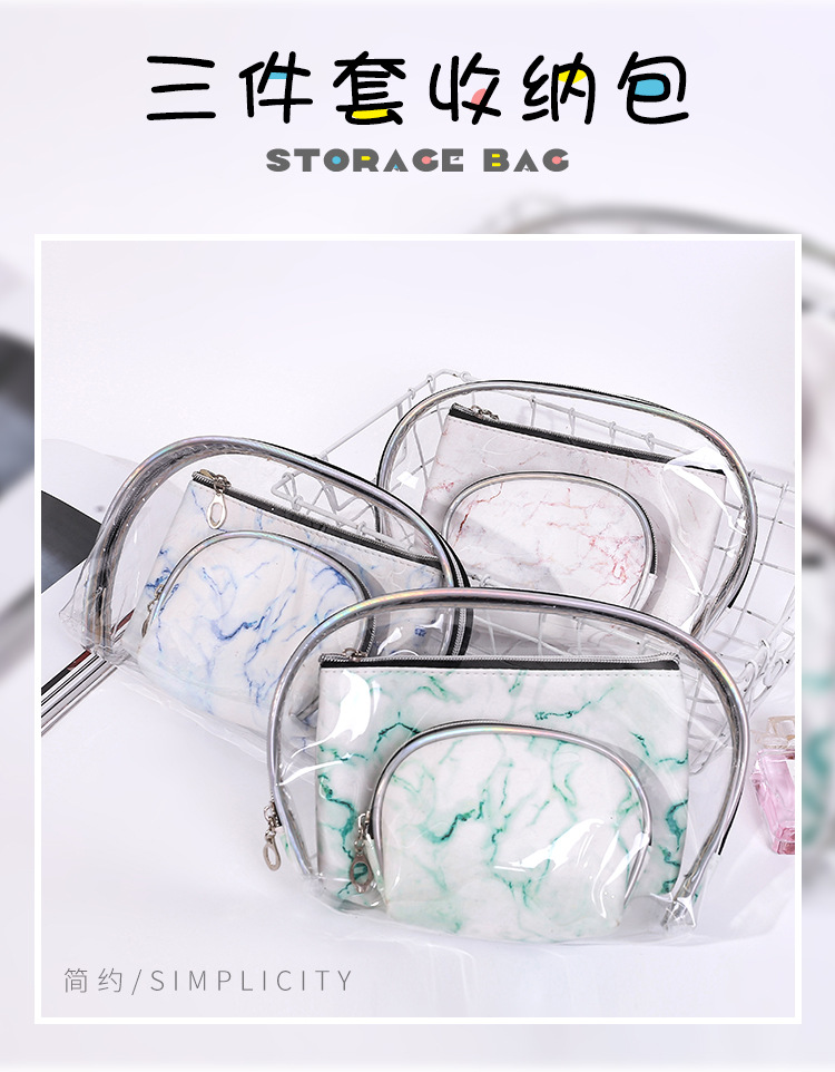 Hot Sale Marble Texture Three-Piece Storage Bag Mother and Child Bag Fashion Transparent Multi-Functional Bag Cosmetic Bag Wholesale