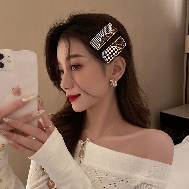 Chessboard Grid Rhinestone Contrast Color Side Clip Wave Diamond in the Debris Houndstooth Temperament Back Head Broken Hair Barrettes