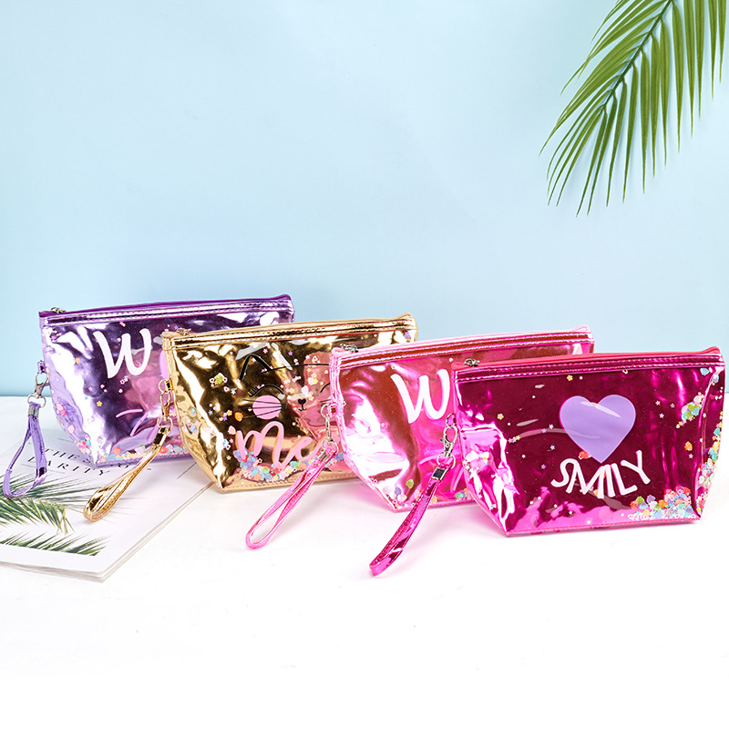 Factory Direct Supply Women's Love Cosmetic Bag Convenient Travel Wash Buggy Bag PVC Laser Storage Bag Customization