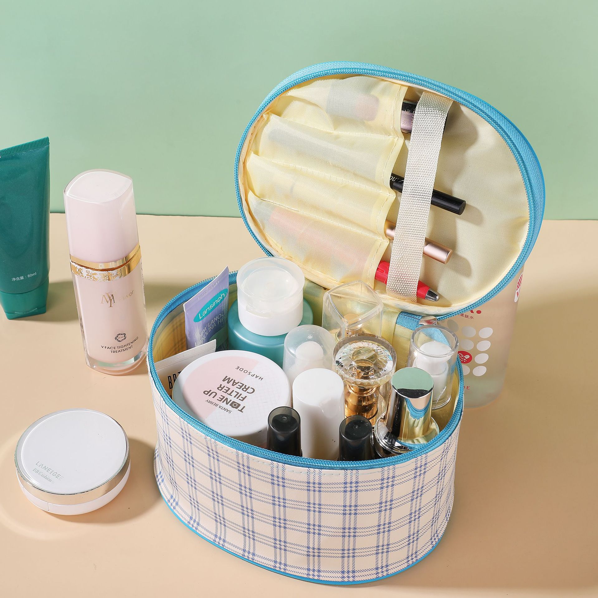 Factory Direct Sales New Large Capacity Portable Travel Cosmetic Bag round Barrel Cosmetic Storage PU Leather Waterproof Storage Bag