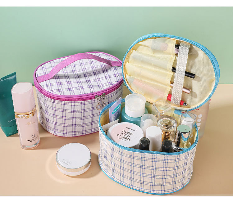 Factory Direct Sales New Large Capacity Portable Travel Cosmetic Bag round Barrel Cosmetic Storage PU Leather Waterproof Storage Bag