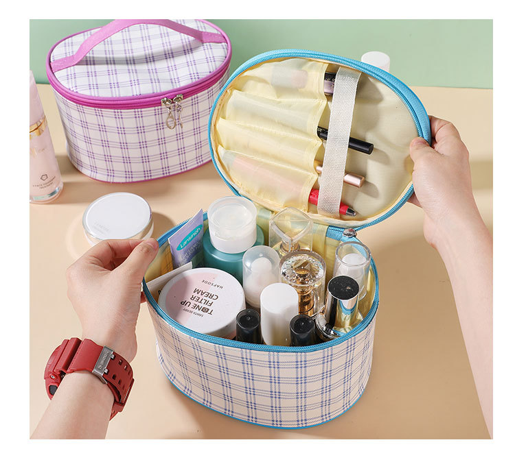 Factory Direct Sales New Large Capacity Portable Travel Cosmetic Bag round Barrel Cosmetic Storage PU Leather Waterproof Storage Bag