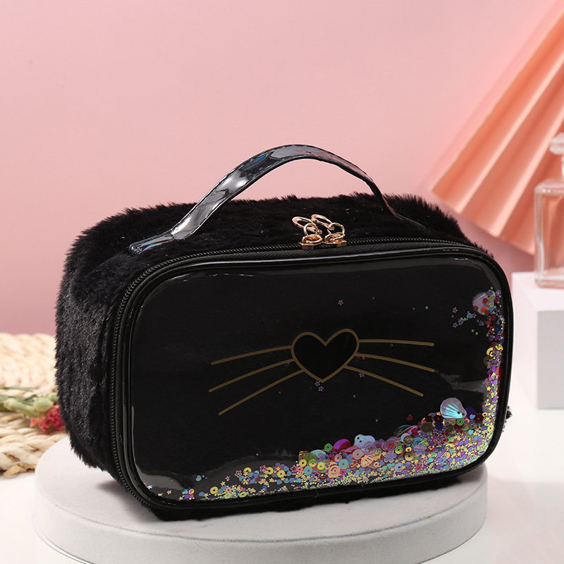 New Plush Cat Sequin Cubic Bag Loves and Cats Quicksand Storage Bag Portable Cosmetic Storage Wholesale
