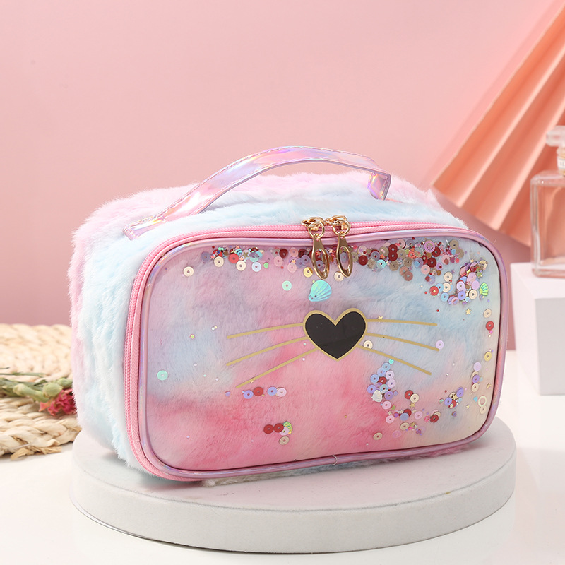 New Plush Cat Sequin Cubic Bag Loves and Cats Quicksand Storage Bag Portable Cosmetic Storage Wholesale