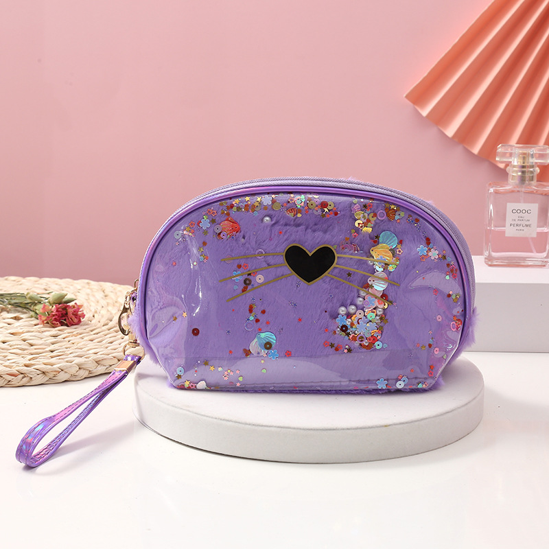 2021 New Pu Cosmetic Bag Cat Travel Toiletry Bag Ins Double-Layer Clutch Translucent Portable Storage Bag