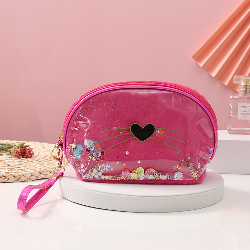 2021 New Pu Cosmetic Bag Cat Travel Toiletry Bag Ins Double-Layer Clutch Translucent Portable Storage Bag