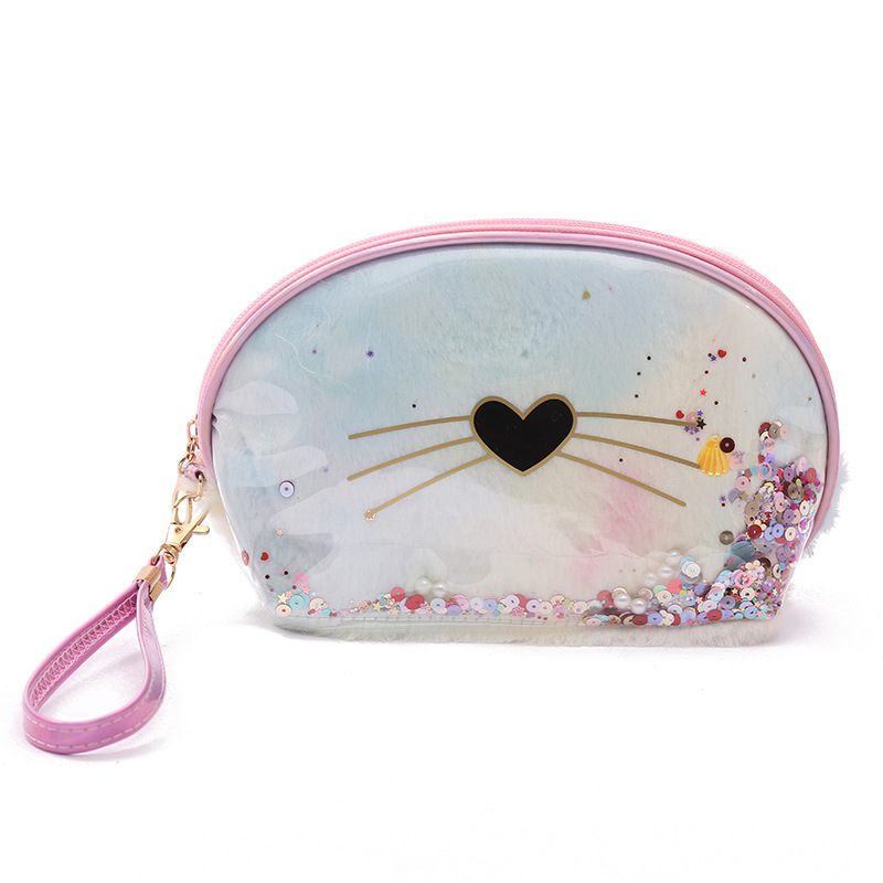 2021 New Pu Cosmetic Bag Cat Travel Toiletry Bag Ins Double-Layer Clutch Translucent Portable Storage Bag