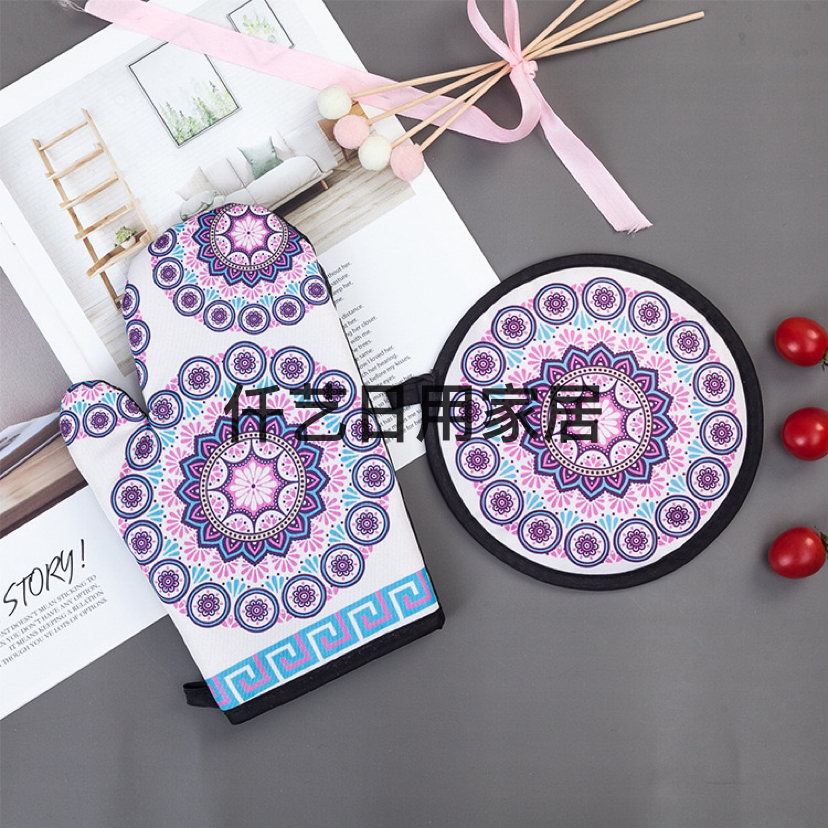 Factory Direct Sales Digital Printing Insulation Three-Piece Kitchen Microwave Oven Gloves Mat Apron Anti-Scald and High Temperature Resistant