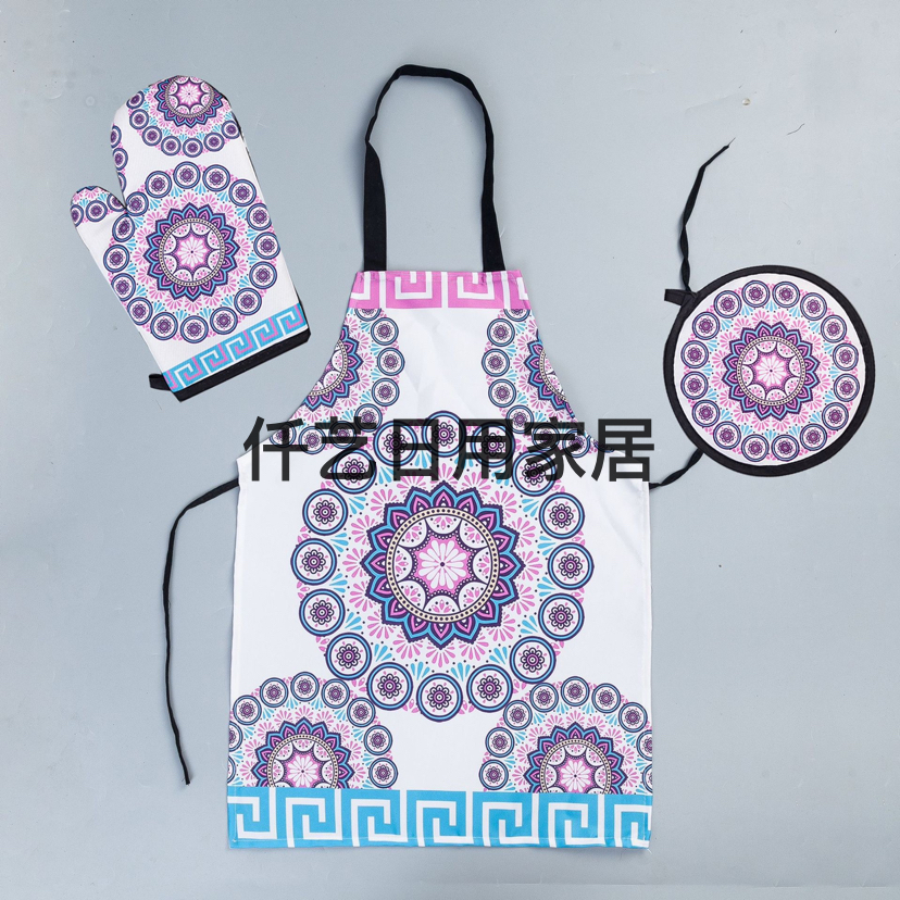 Factory Direct Sales Digital Printing Insulation Three-Piece Kitchen Microwave Oven Gloves Mat Apron Anti-Scald and High Temperature Resistant