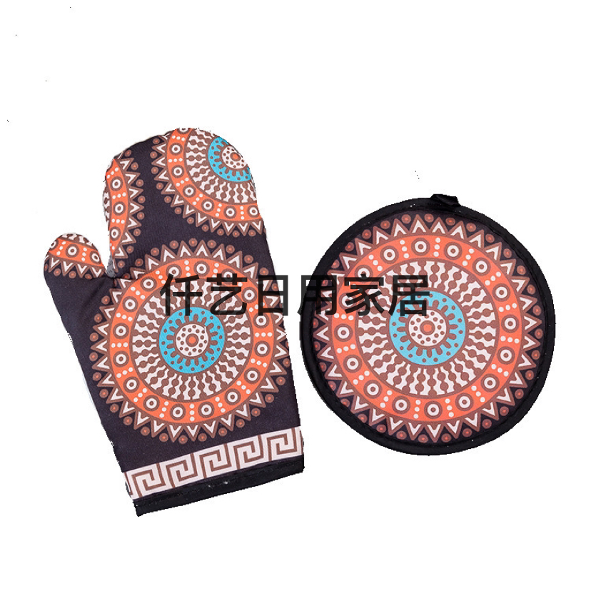 Factory Direct Sales Digital Printing Insulation Three-Piece Kitchen Microwave Oven Gloves Mat Apron Anti-Scald and High Temperature Resistant