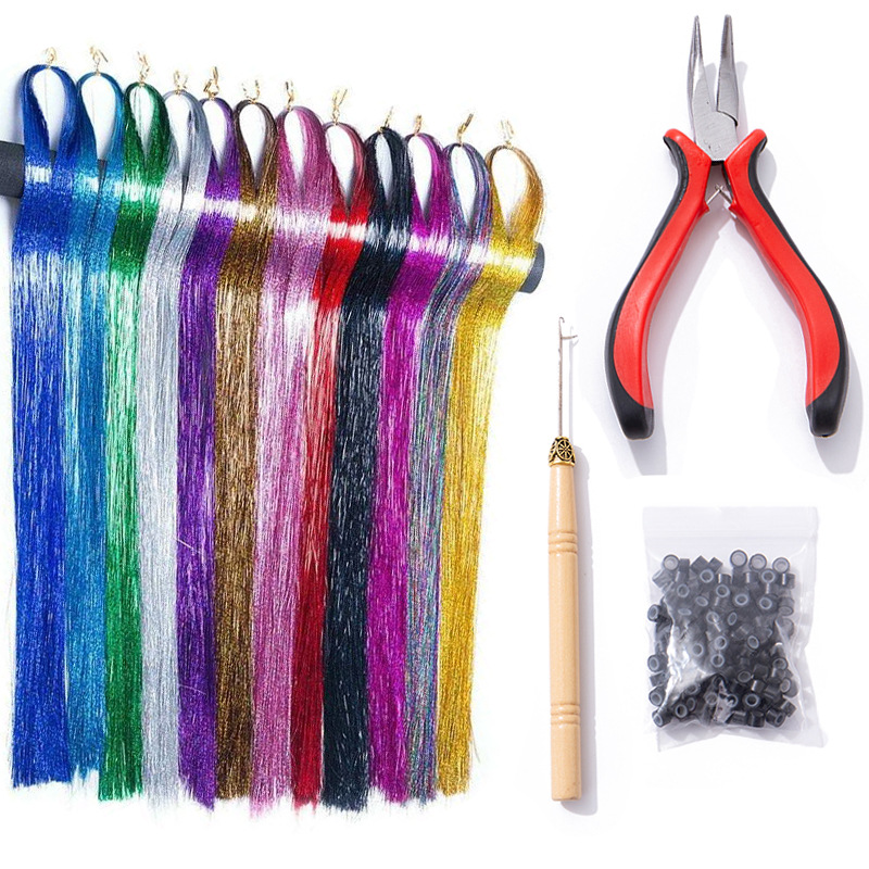 Tinsel Hair12 Color Colorful Gold and Silver Hair Extension Set Pliers Crochet Foreign Trade Colorful Laser Hair Extension