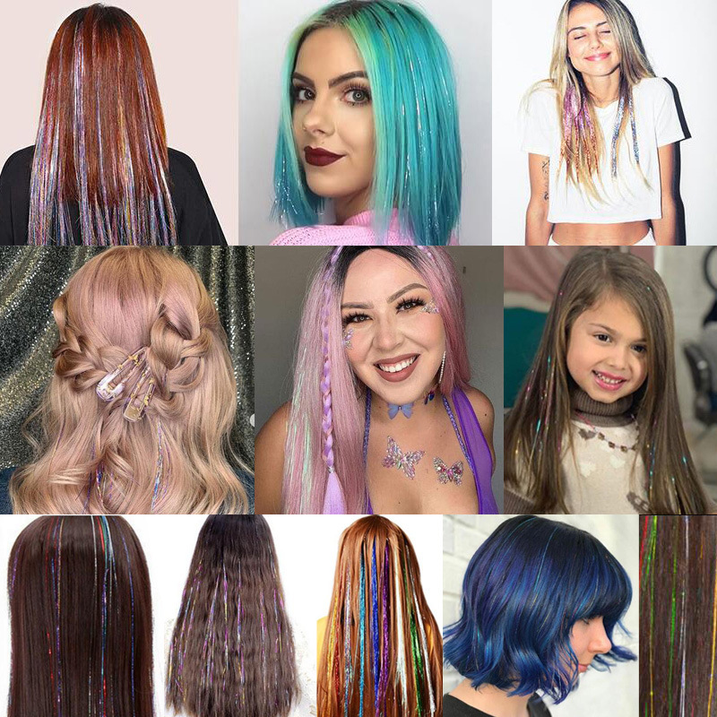 Tinsel Hair12 Color Colorful Gold and Silver Hair Extension Set Pliers Crochet Foreign Trade Colorful Laser Hair Extension