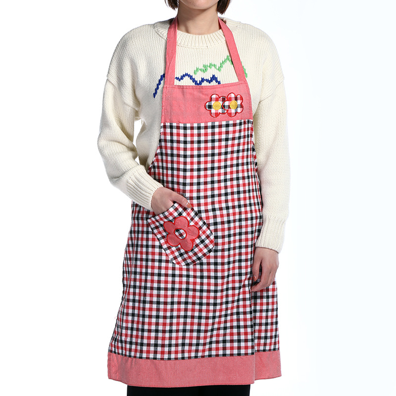 Small flower pattern check anti - pollution anti - oil multi - function pocket apron private order apron wholesale.