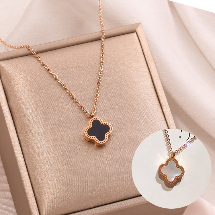 Korean Style Trendy Simplicity 18K Rose Gold Swan Four-Leaf Clover Titanium Steel Necklace Female Clavicle Chain Ornament Wholesale