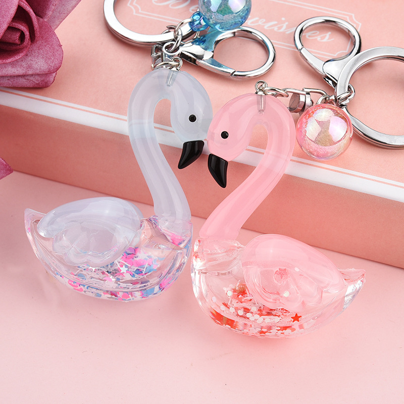 Creative Korean Version Quicksand Sequins Acrylic Oil-Filled Little Swan Keychain Magic Color Laser Leather Rope Package Pendant Gift