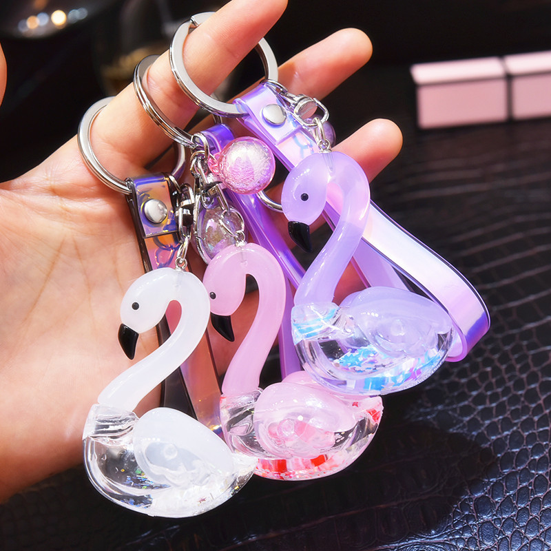 Creative Korean Version Quicksand Sequins Acrylic Oil-Filled Little Swan Keychain Magic Color Laser Leather Rope Package Pendant Gift