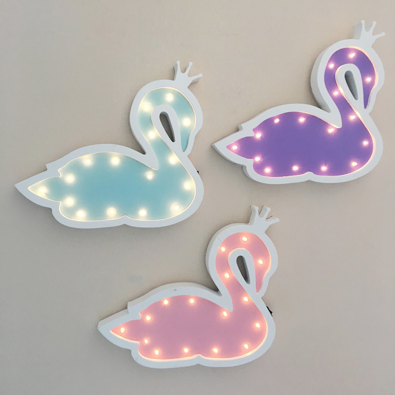 Girl heart swan LED small night light children room bedroom princess bedside wooden lamp gift