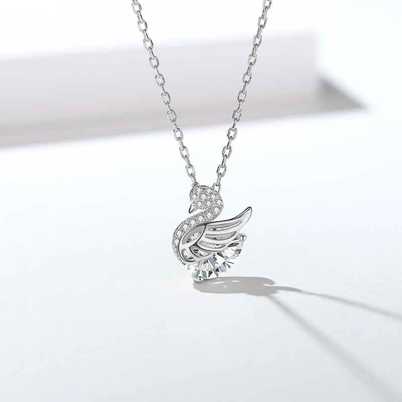S925 Sterling Silver Necklace Women&#039;s All-Match Little Swan Jeweled Pendant Light Luxury Minority Design High-Grade Sweater Chain Autumn and Winter