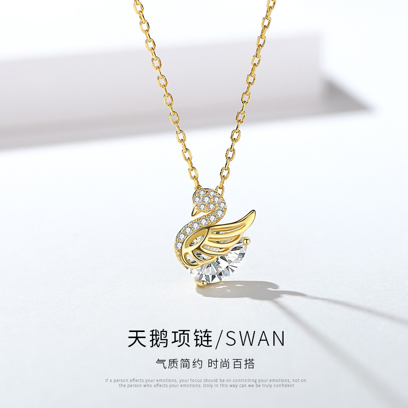 S925 Sterling Silver Necklace Women&#039;s All-Match Little Swan Jeweled Pendant Light Luxury Minority Design High-Grade Sweater Chain Autumn and Winter