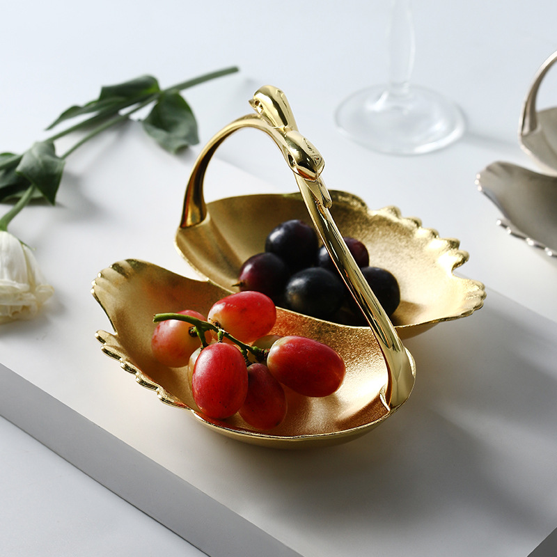 Silicca Zinc Alloy Swan Fruit Basket Biscuit Pastry Dessert Swing Plate Storage Golden Swan Portable Basket
