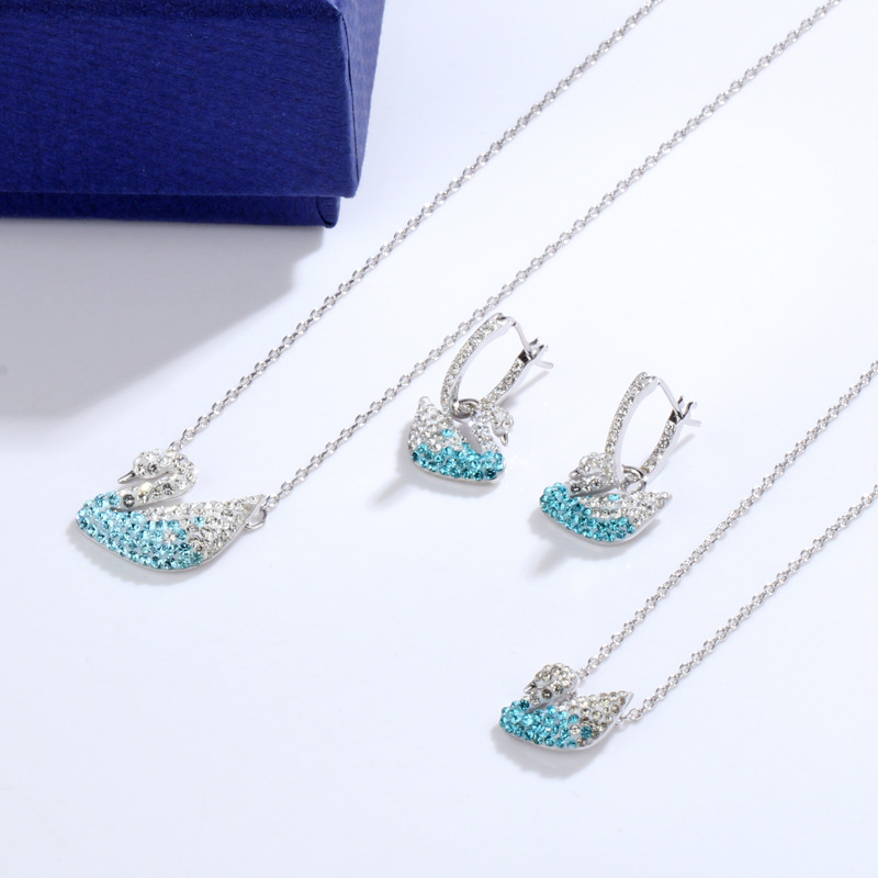 Polo Crystal High Plate White Gold Large Small Blue Gradient Swan Necklace Earrings Earings Set Wholesale