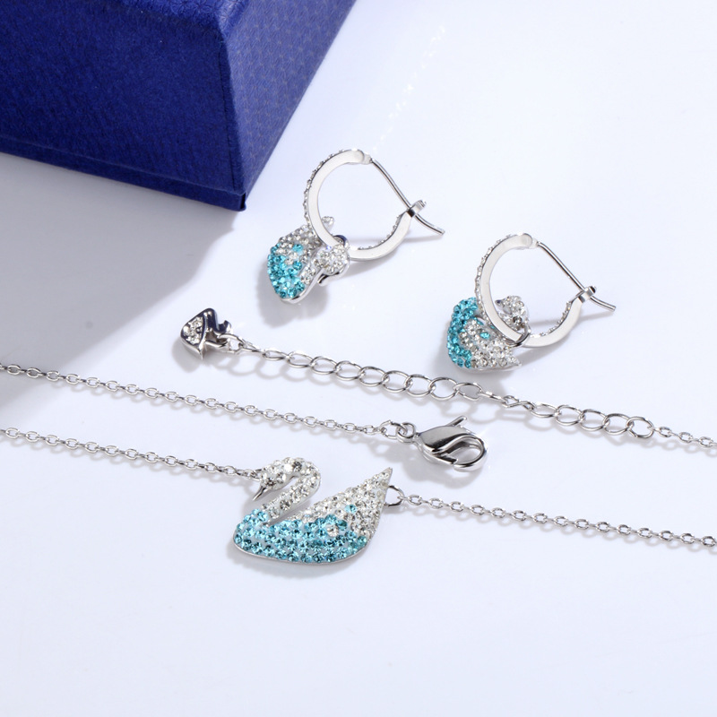 Polo Crystal High Plate White Gold Large Small Blue Gradient Swan Necklace Earrings Earings Set Wholesale