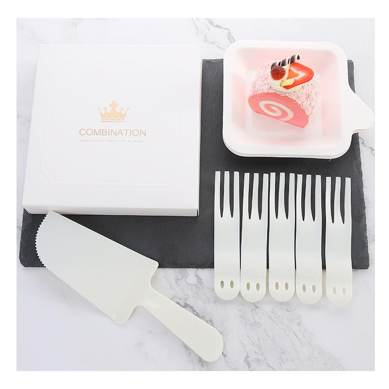 Cake Knife and Fork Set Birthday Knife and Fork Plate Makeup Collection Fork Set Cake Tableware Disposable Paper Tray Set Knife and Fork