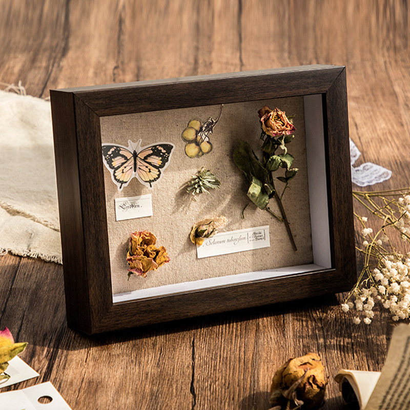 Vintage Dried Flower Photo Frame Wooden Hollow Three-Dimensional Decoration Photo Frame Square Floral Dried Flower Picture Frame Animal and Plant Specimen Box