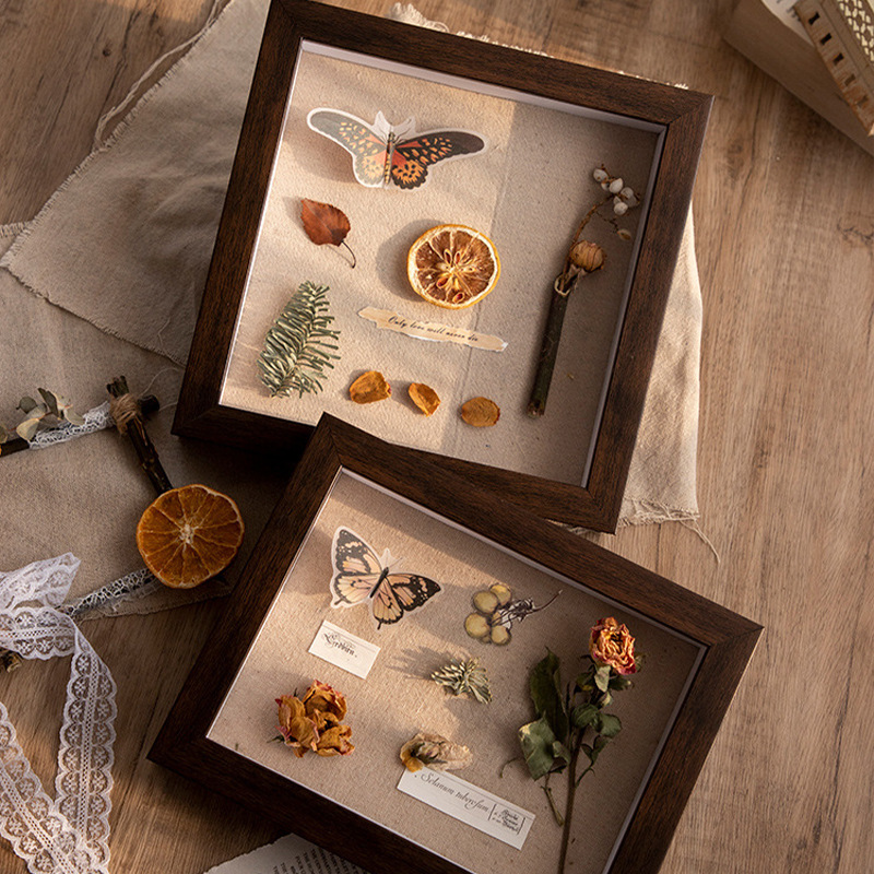 Vintage Dried Flower Photo Frame Wooden Hollow Three-Dimensional Decoration Photo Frame Square Floral Dried Flower Picture Frame Animal and Plant Specimen Box